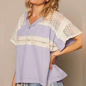Heather Lilac V-Neck Short Sleeve Crochet Detail Lace Top Purple Boutique